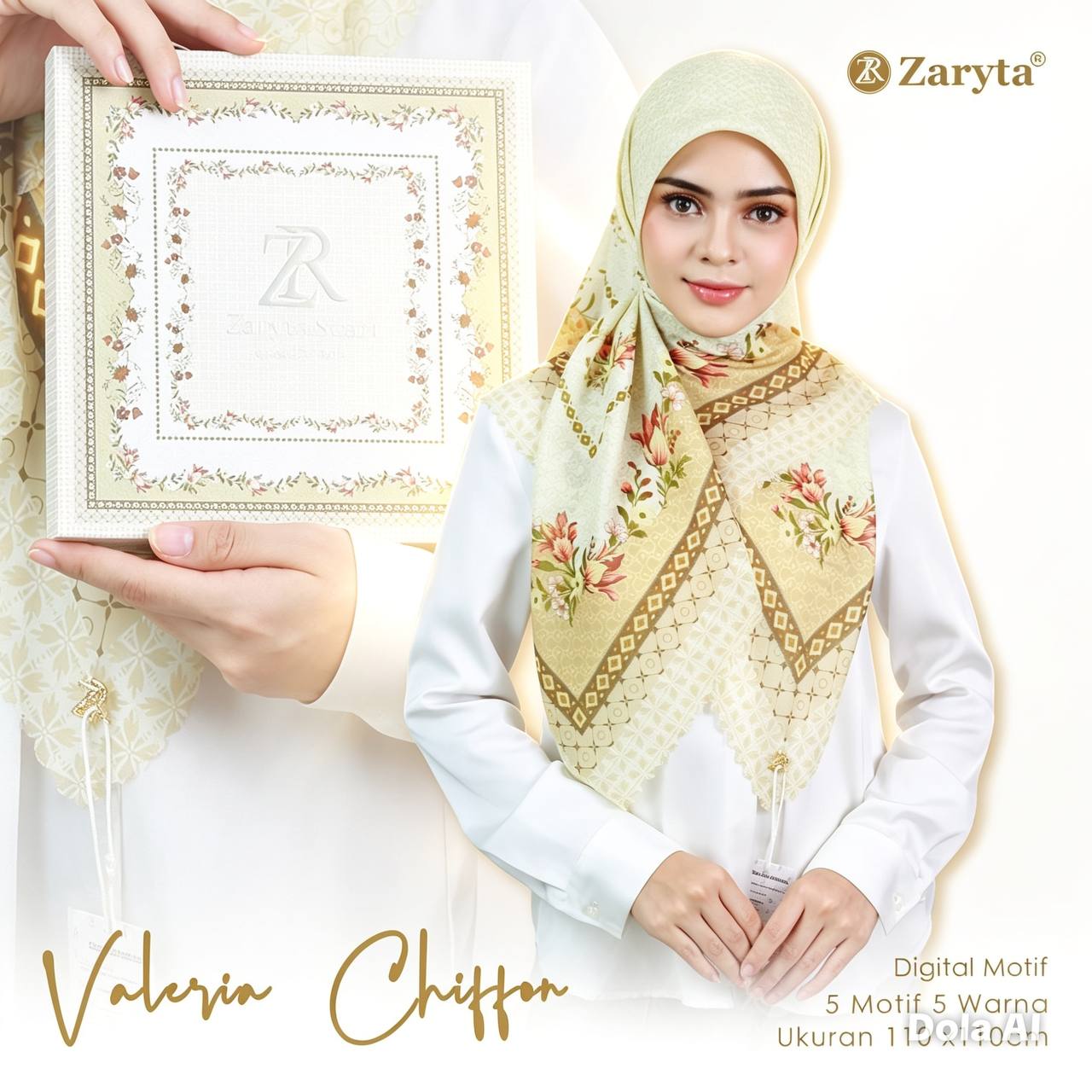 Premium Printed Square Hijab – Ivory Meadow