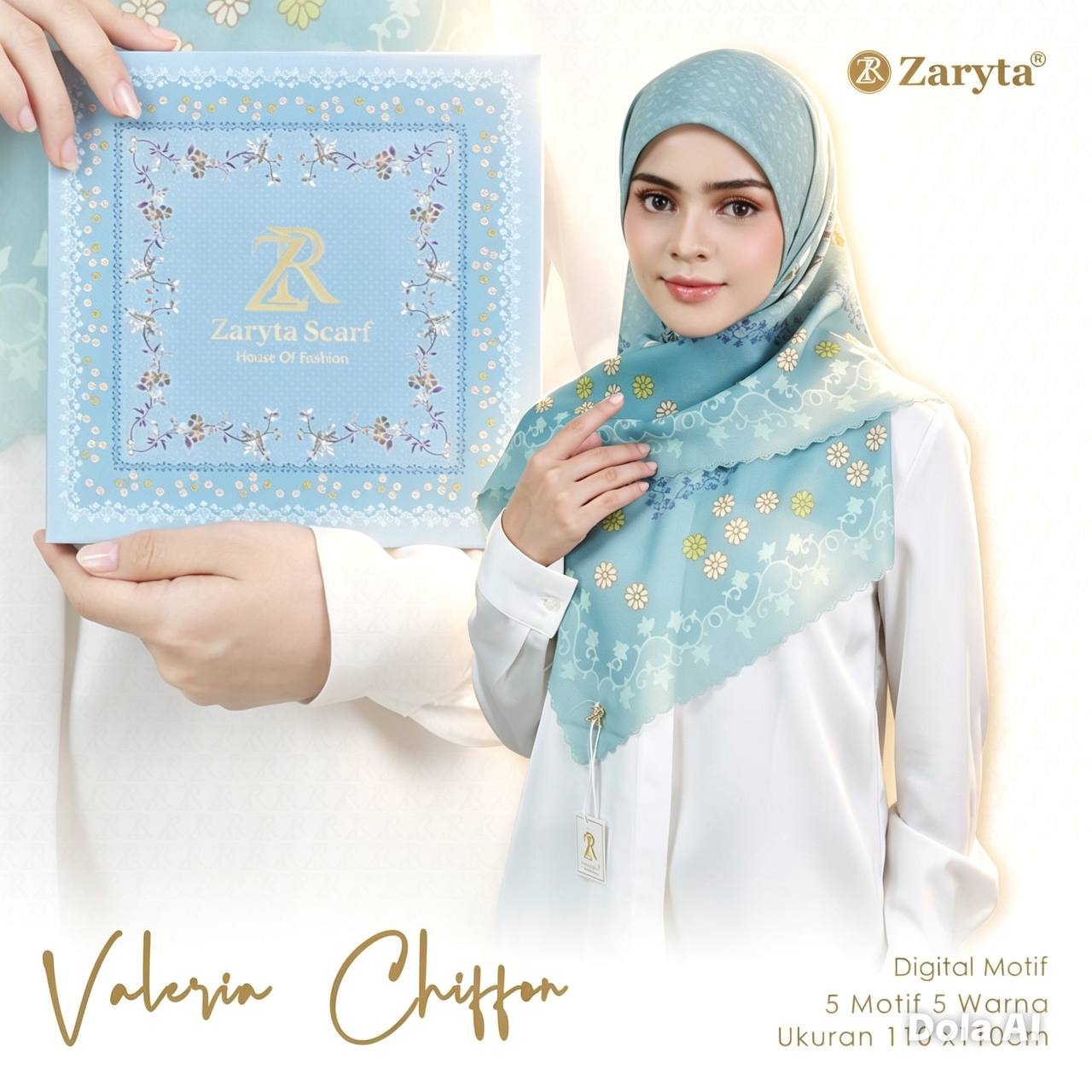 Premium Printed Square Hijab – Azure Bloom