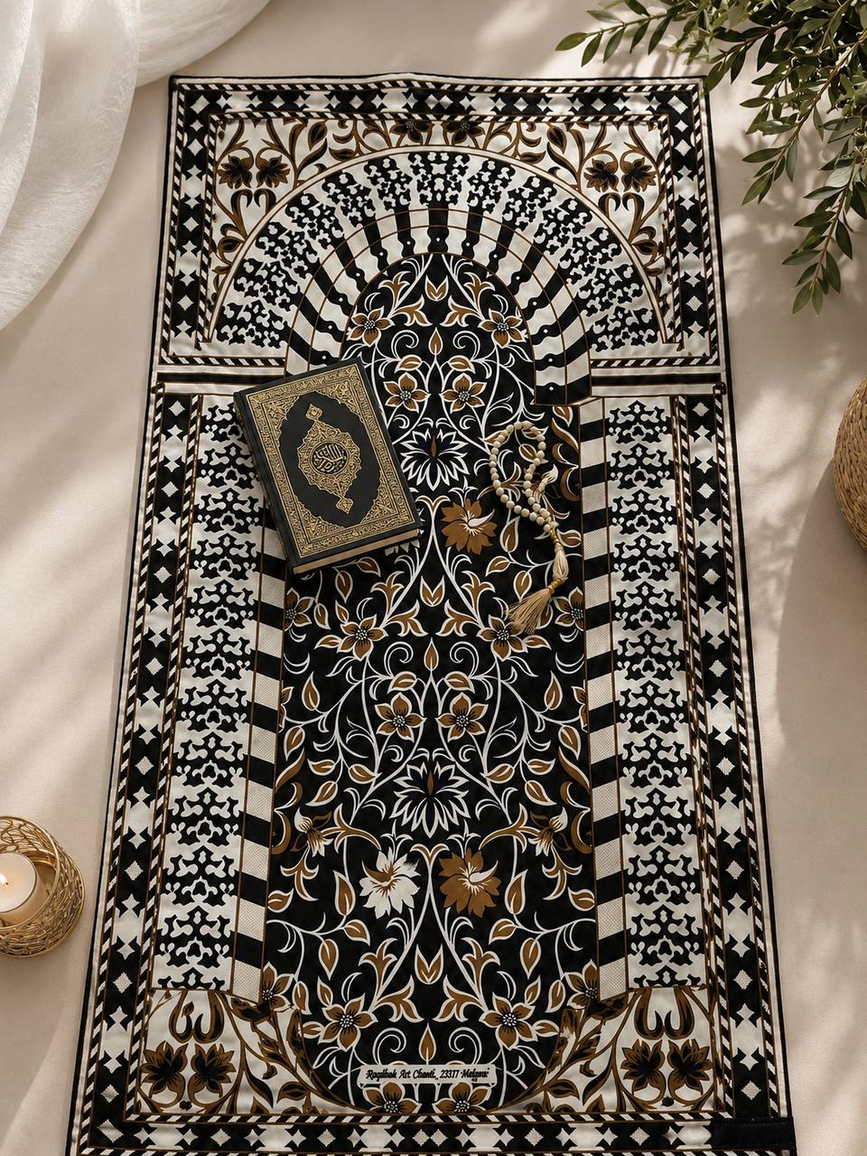 Premium Travel Prayer Mat – Noir Arabesque