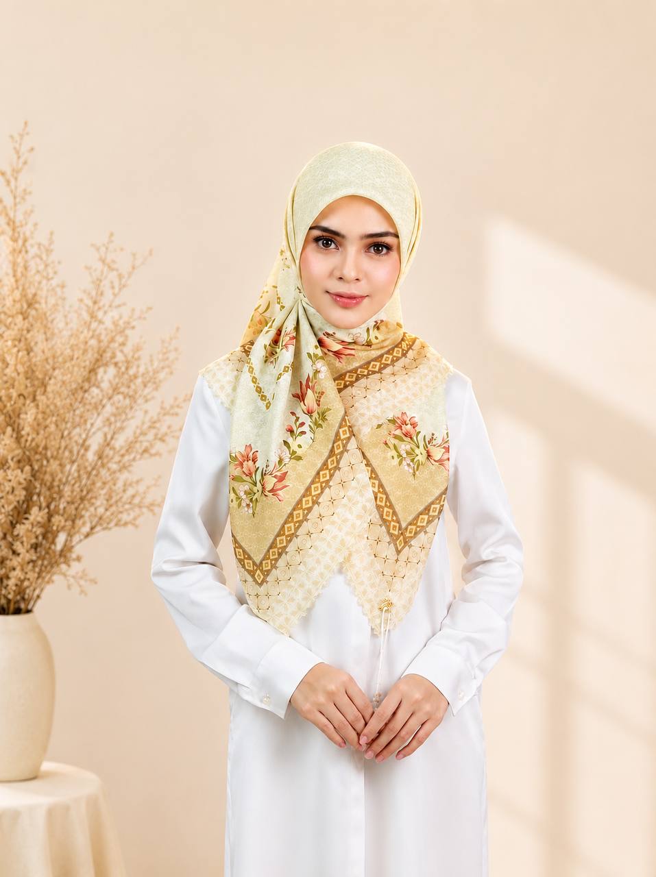 Premium Printed Square Hijab – Ivory Meadow