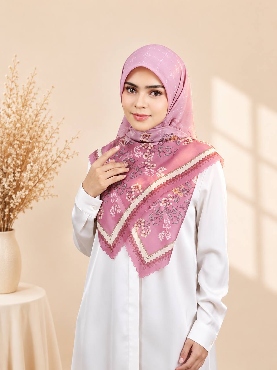 Premium Printed Square Hijab – Rose Éclat