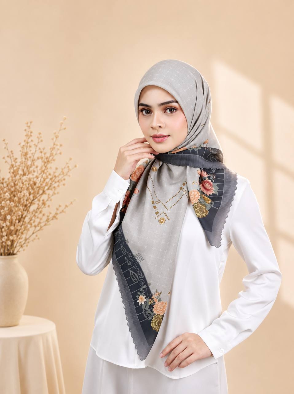 Premium Printed Square Hijab – Misty Noir