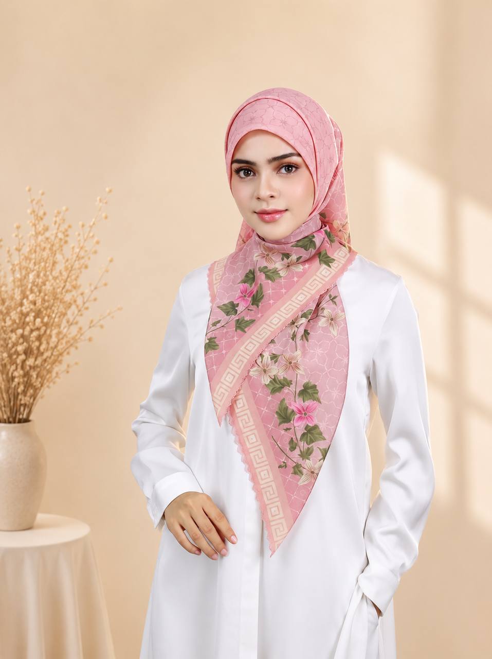 Premium Printed Square Hijab – Blush Ivy