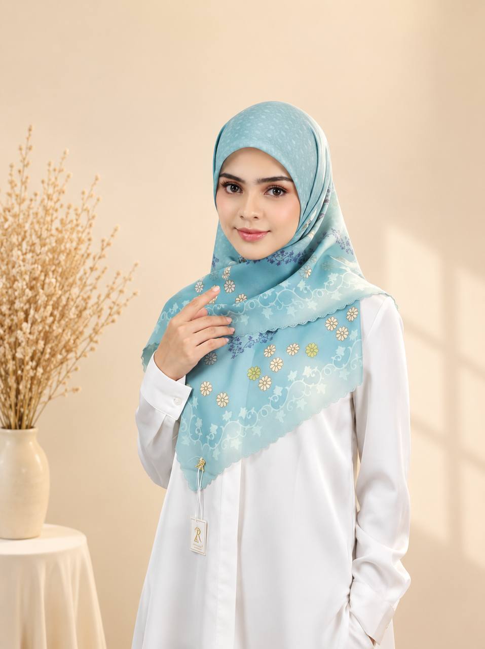 Premium Printed Square Hijab – Azure Bloom