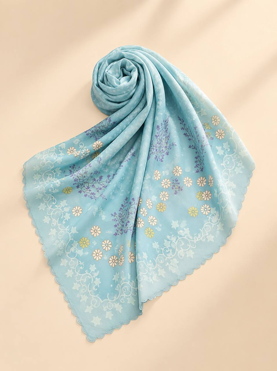 Premium Printed Square Hijab – Azure Bloom