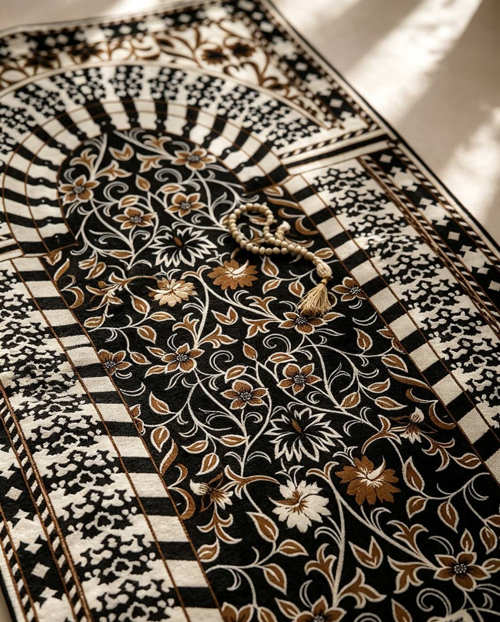 Premium Travel Prayer Mat – Noir Arabesque