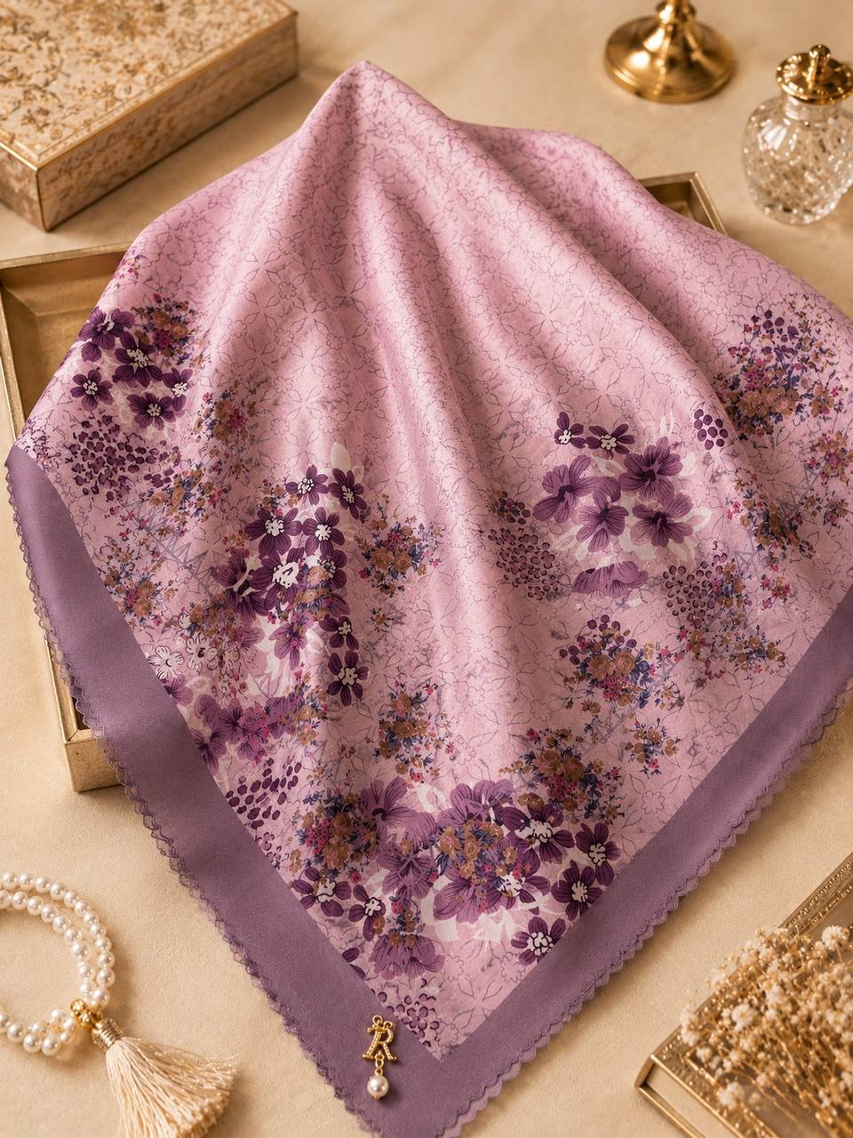 Premium Printed Square Hijab | Lavande Fleur Collection