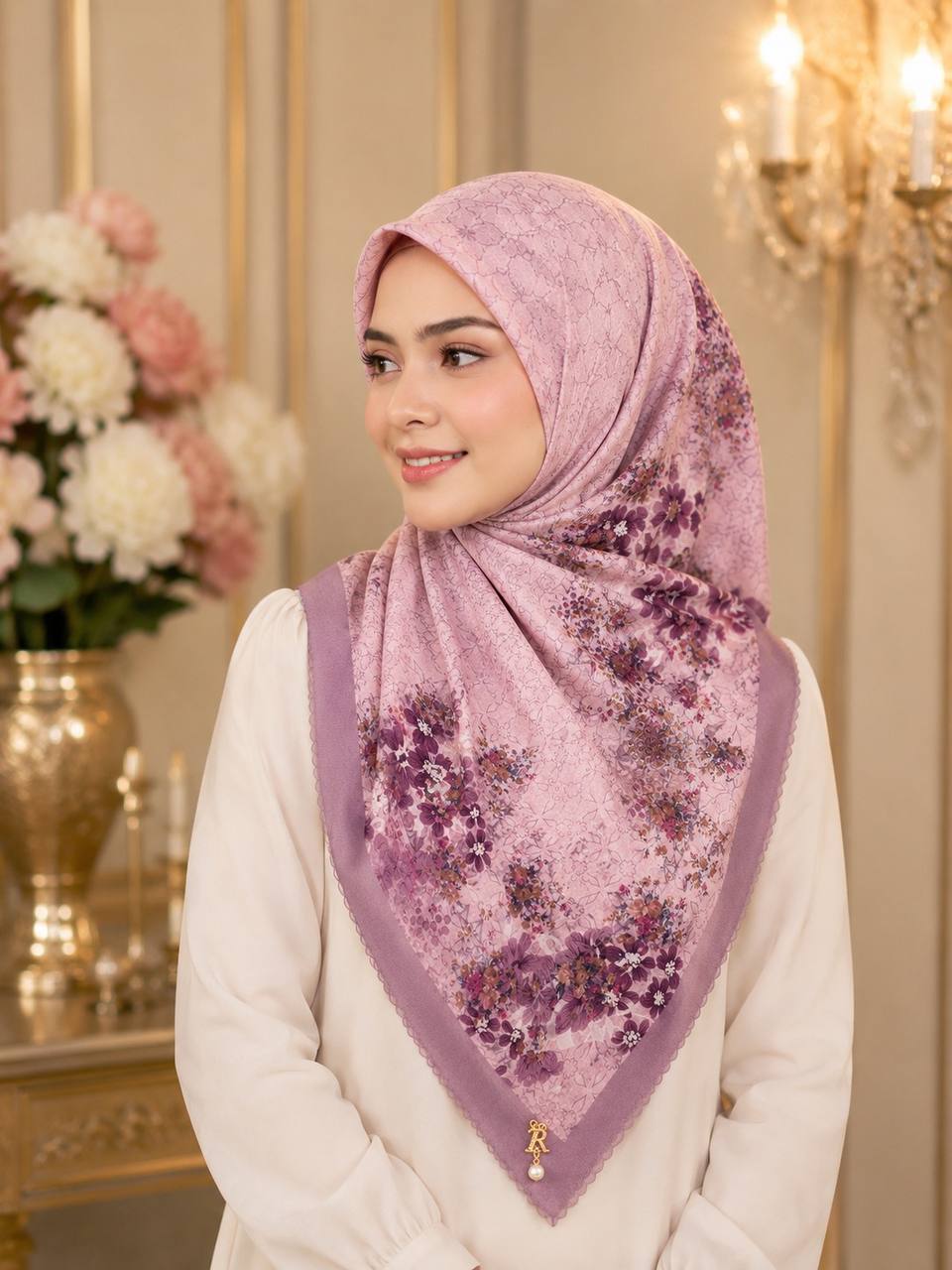 Premium Printed Square Hijab | Lavande Fleur Collection