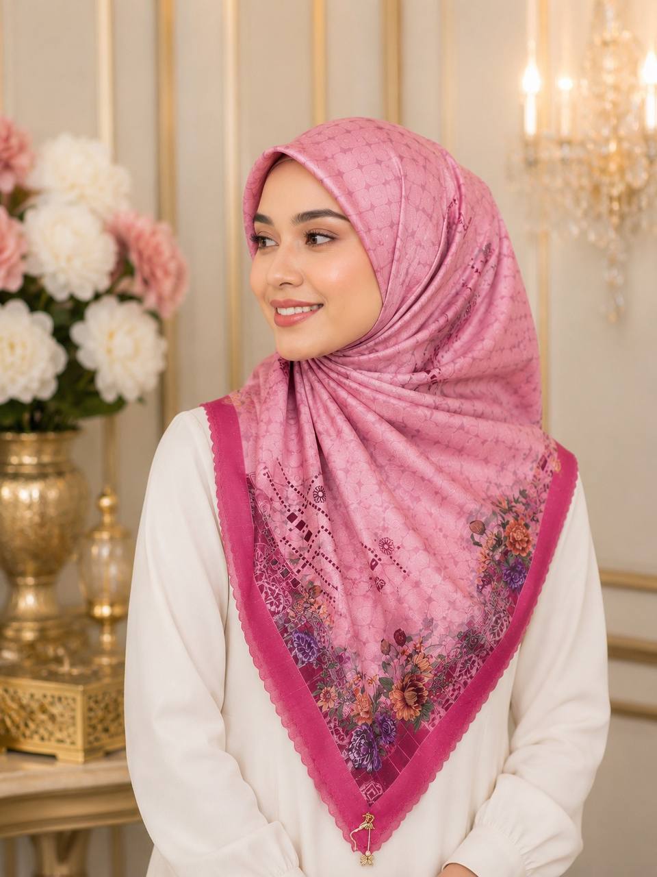 Premium Printed Square Hijab | Rosé Jardin Collection